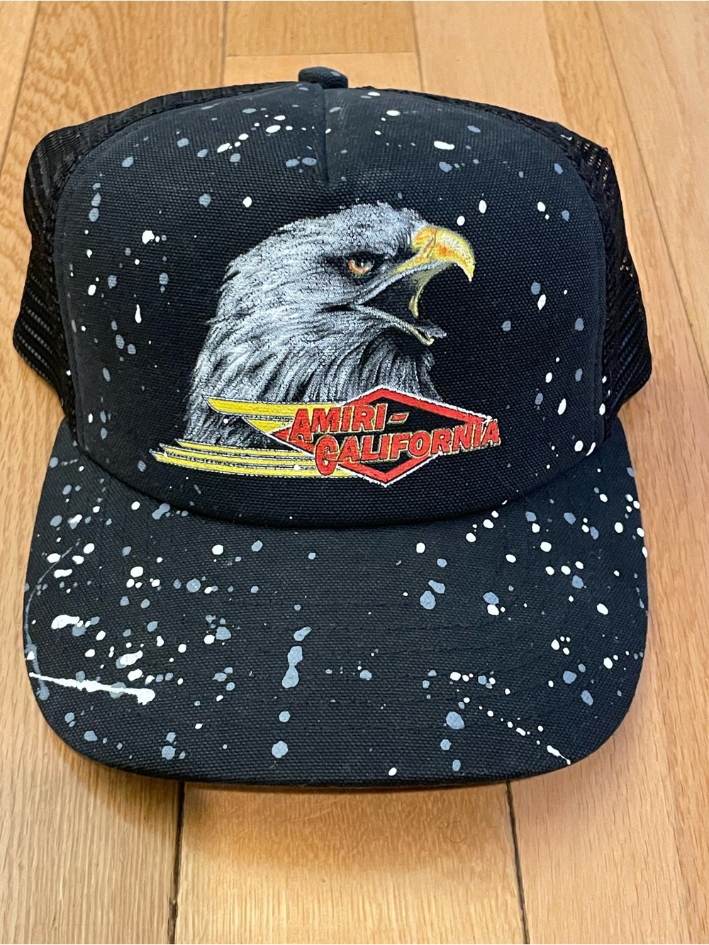 AMIRI Black Eagle Patch Trucker Hat with Paint-Splatter